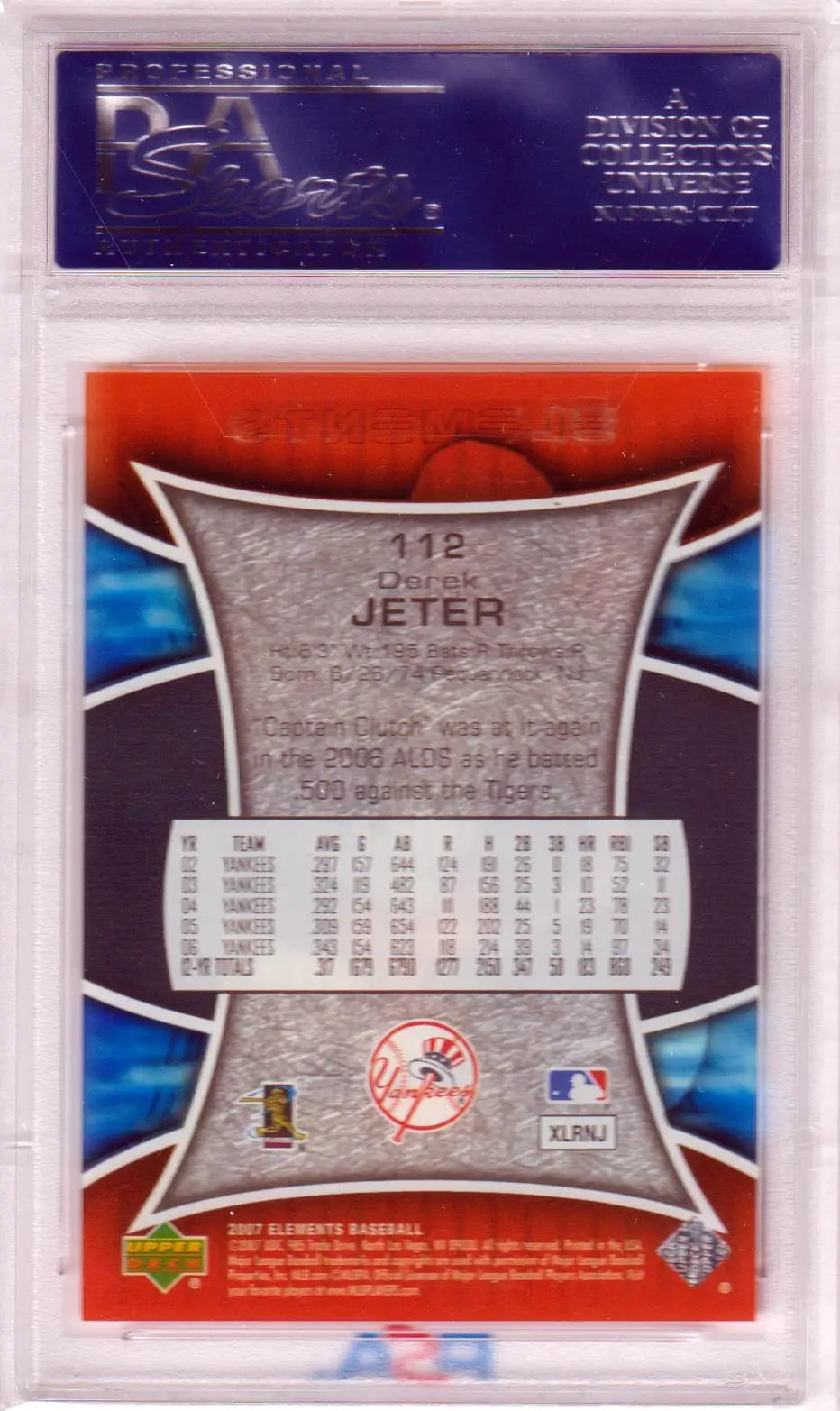 Derek Jeter 2007 Upper Deck Elements card showcasing Yankees logo and stats