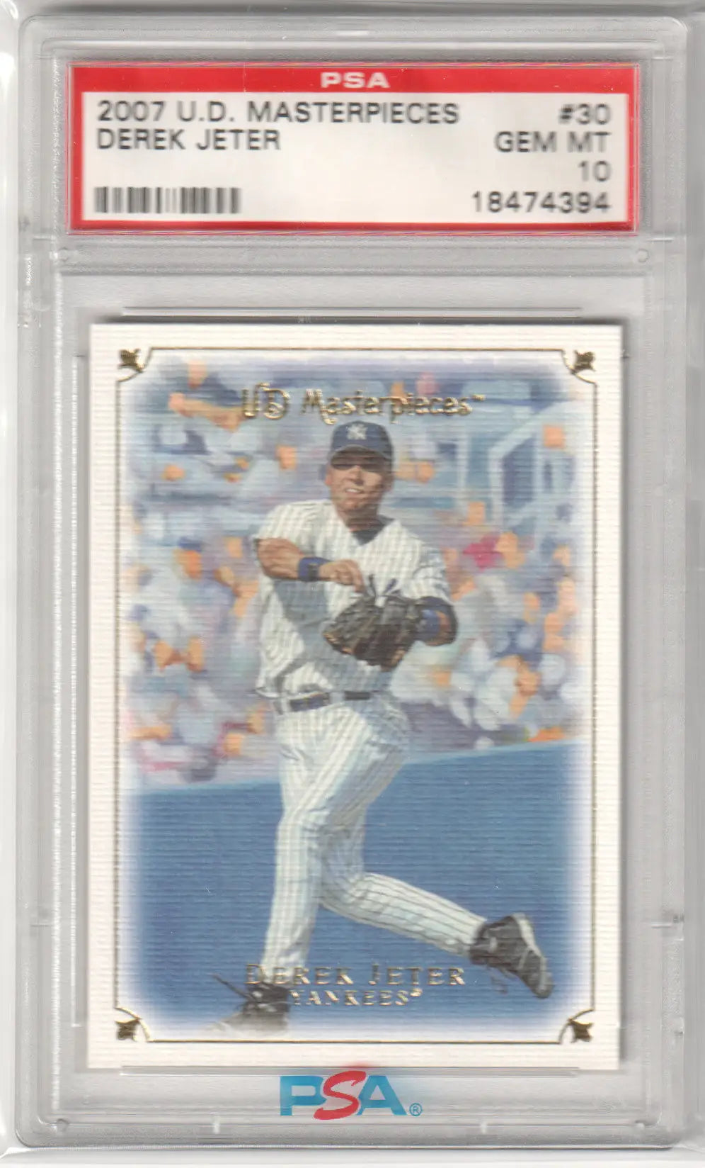 PSA-graded 2007 Upper Deck Masterpieces Derek Jeter baseball card in protective case