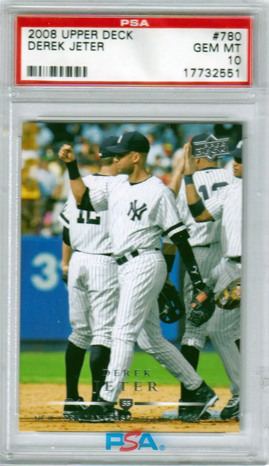 PSA 10 GEM MINT Derek Jeter 2008 Upper Deck Yankees card celebrating with teammates