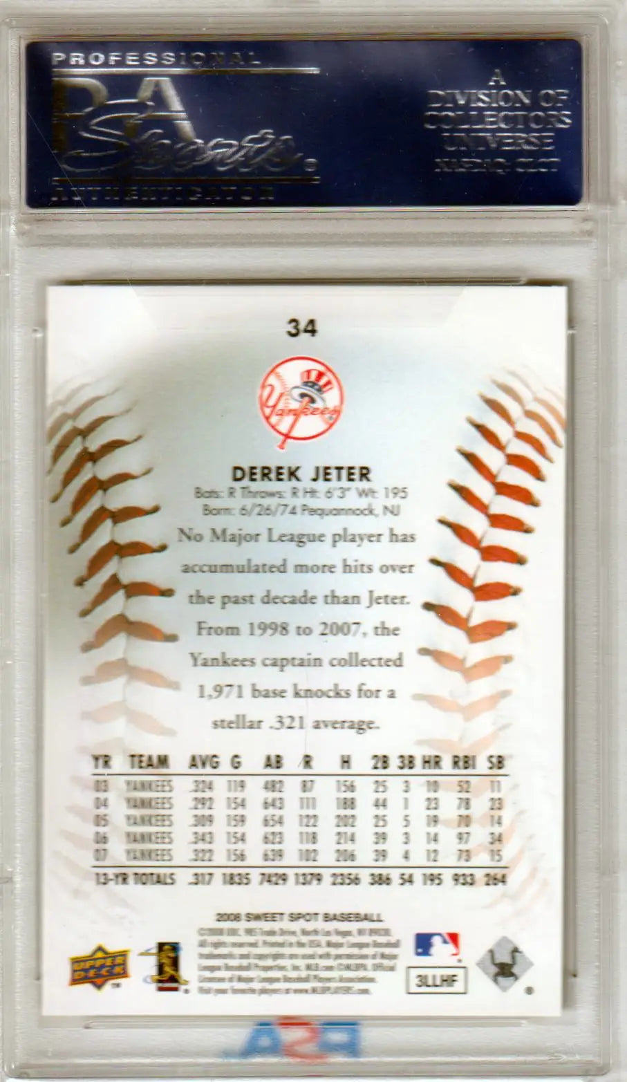 Derek Jeter baseball card featuring statistics and Yankees logo from Upper Deck Sweet Spot