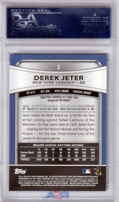 Derek Jeter 2010 Bowman Platinum #2 PSA 10 GEM MINT baseball card showcasing stats and achievements