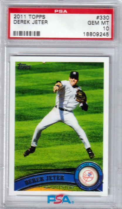 PSA 10 GEM MINT Derek Jeter 2011 Topps baseball card fielding on green grass