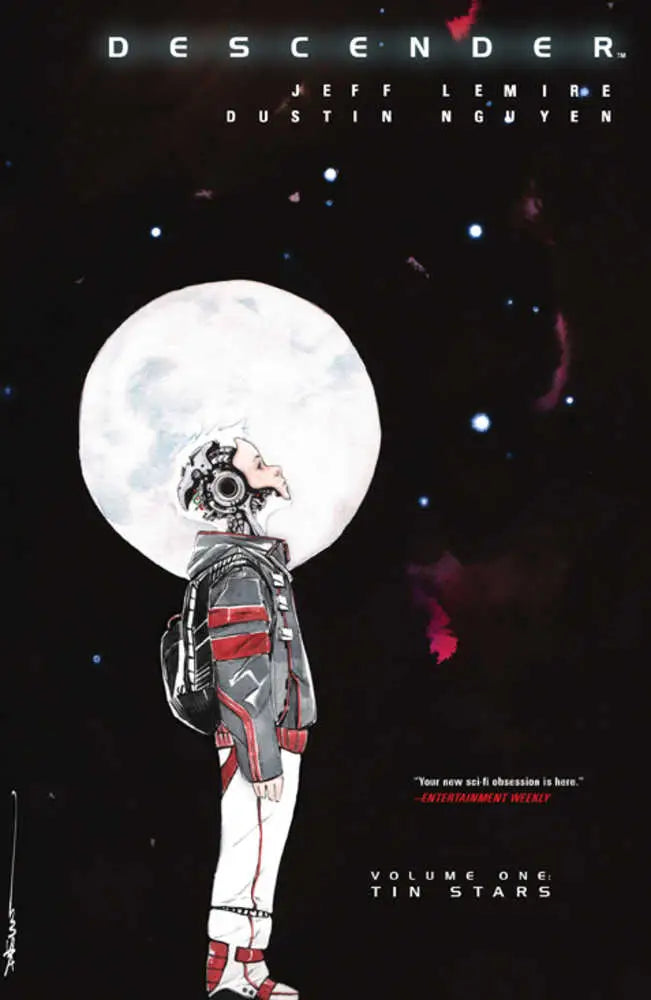 Astronaut in detailed spacesuit against full moon for Descender TPB Volume 01 Tin Stars