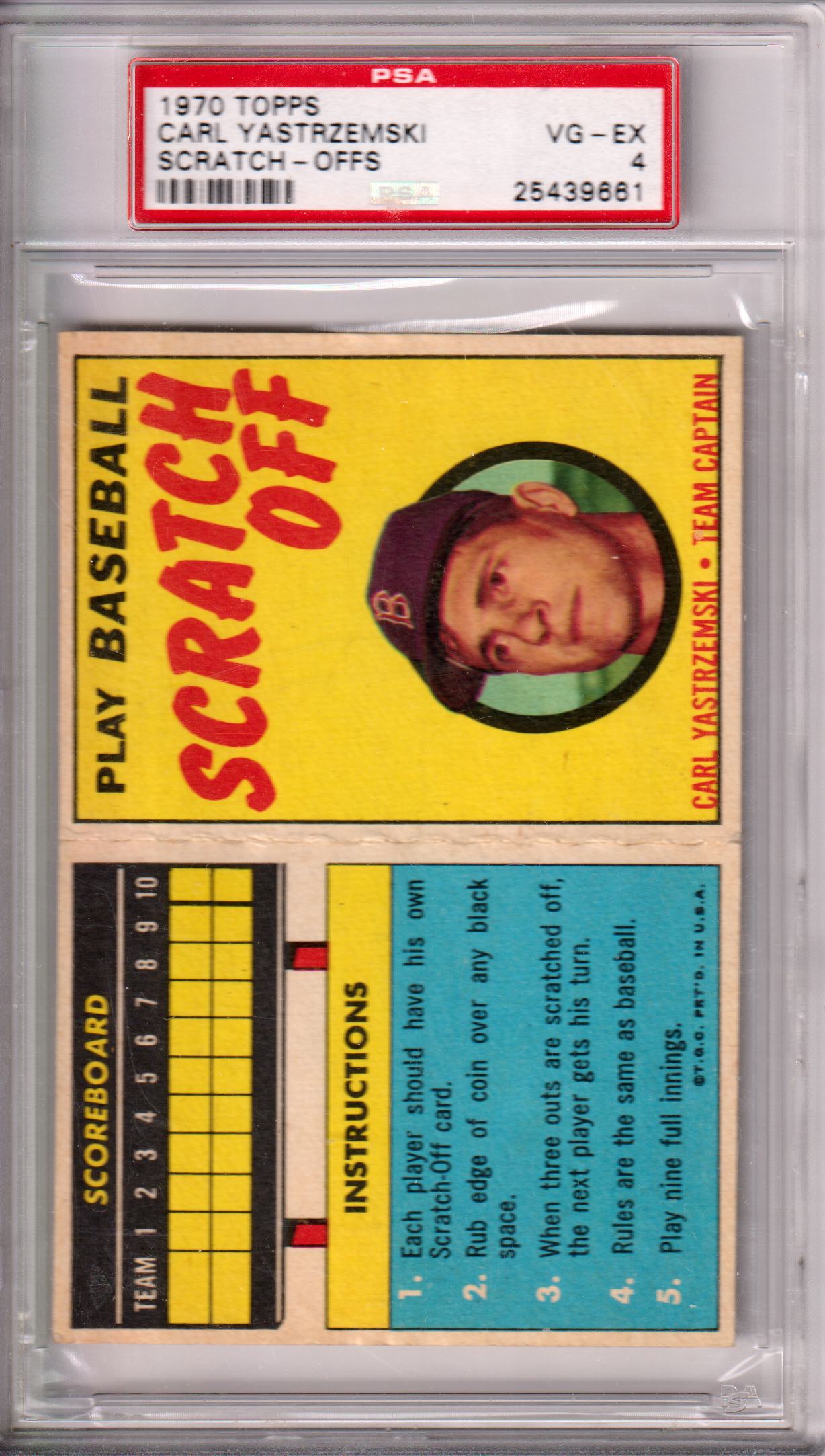 PSA-graded Carl Yastrzemski 1970 Topps Scratch-Offs card on yellow background