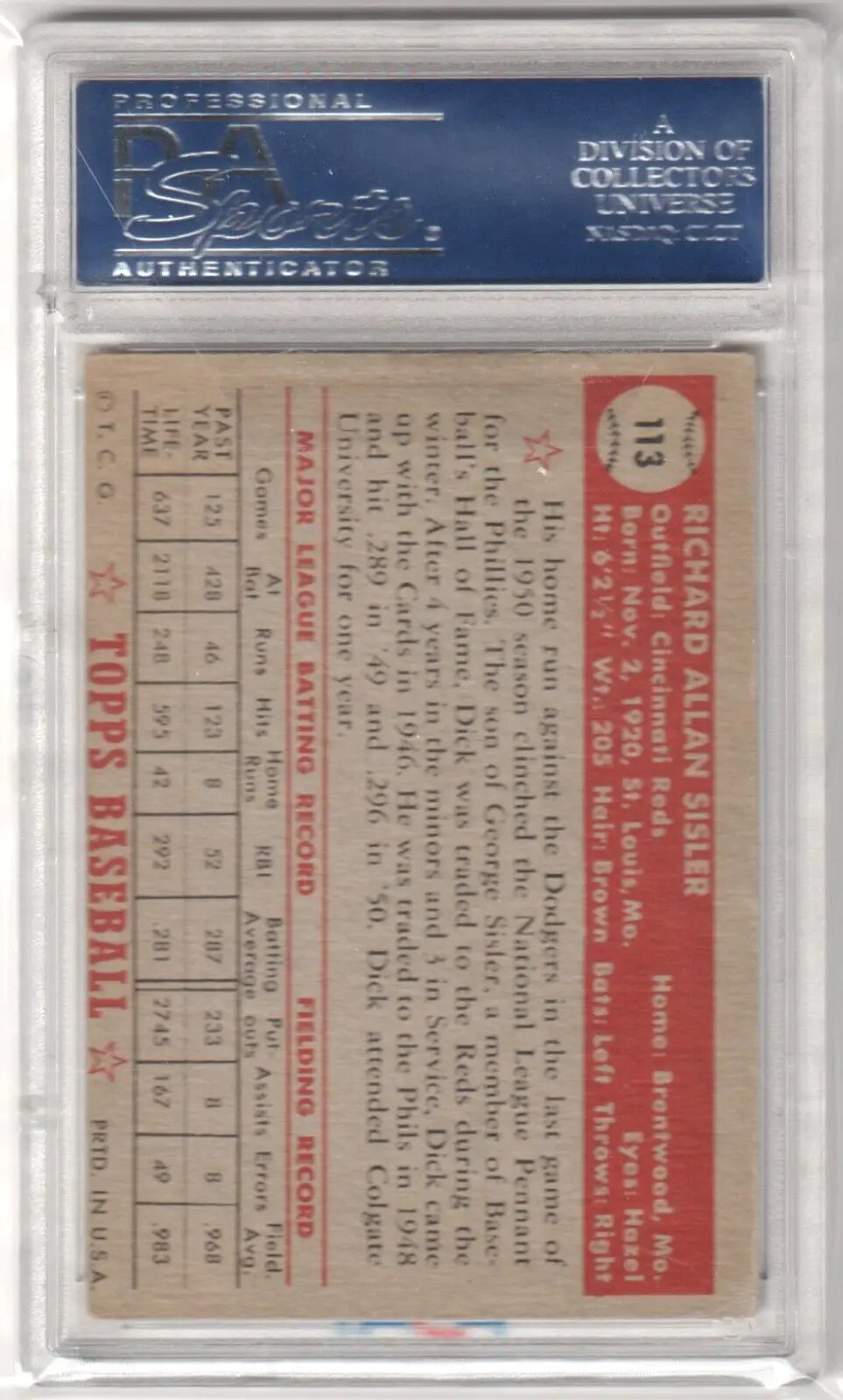 DICK SISLER 1952 Topps #113 PSA 5 EX - REDS baseball card in protective holder at Columbia Hobby