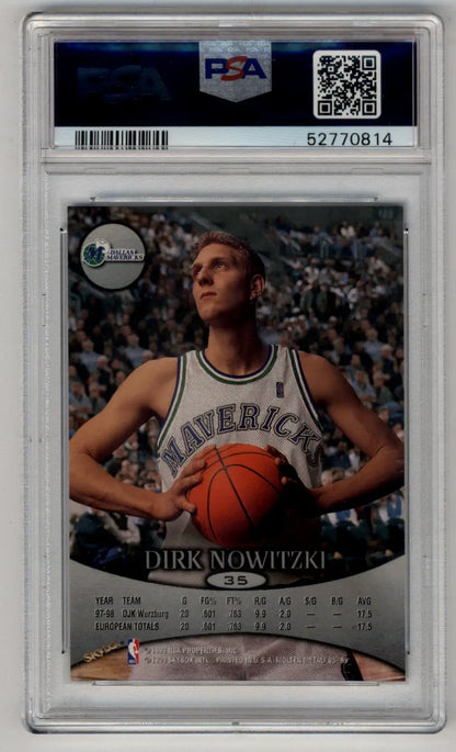 PSA-graded Dirk Nowitzki Skybox Molten Metal basketball card holding a ball Gem Mint