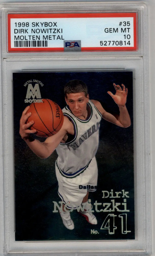 PSA-graded Dirk Nowitzki 1998-99 Skybox Molten Metal basketball card in Mavericks uniform