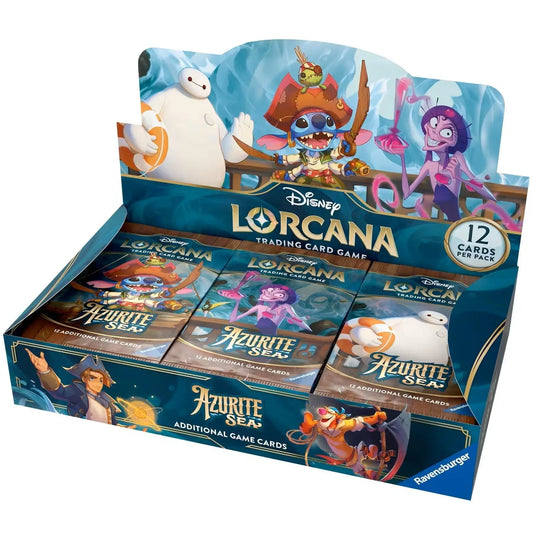 Display box of Disney Lorcana Azurite Sea Booster packs with fantasy characters