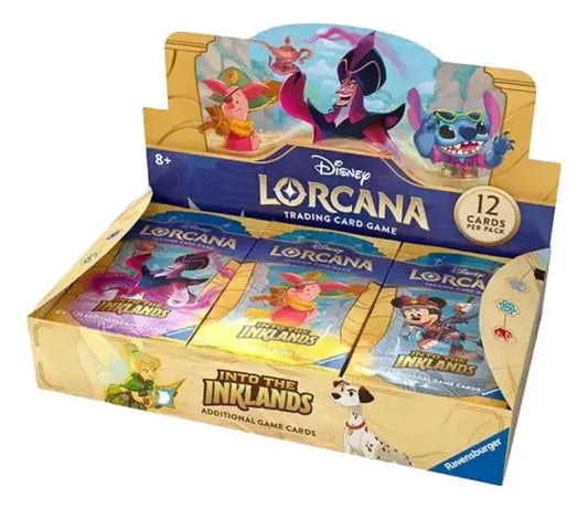 Display box featuring Disney Lorcana Inklands Booster Box trading card game packs