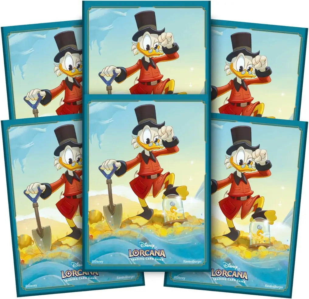 Cartoon Scrooge McDuck in top hat and red coat with shovel next to gold coins for Disney Lorcana