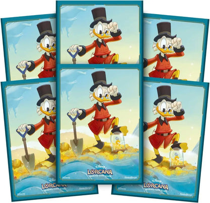 Cartoon Scrooge McDuck in top hat and red coat with shovel next to gold coins for Disney Lorcana