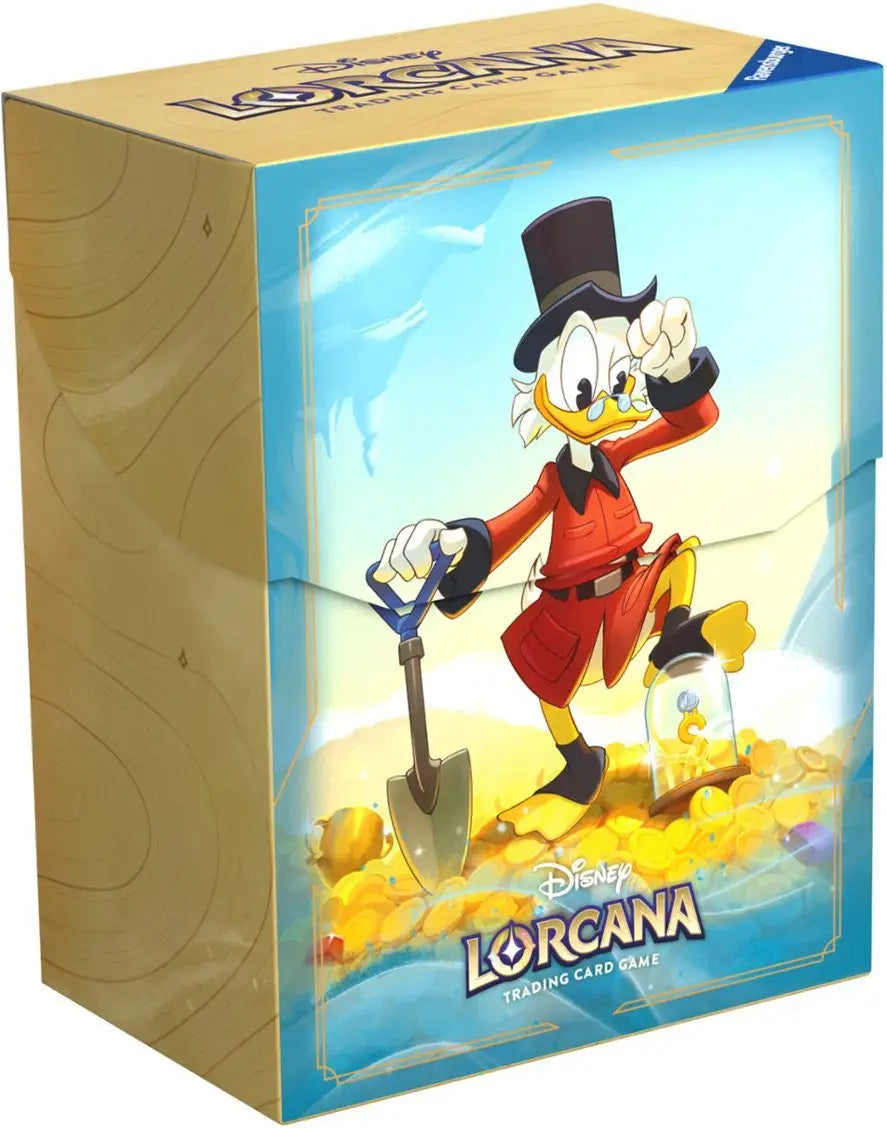 Deck Box featuring Scrooge McDuck in top hat on gold coins with a shovel for Disney Lorcana