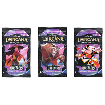 Three Disney Lorcana trading card packs featuring unique characters from Floodborn Booster