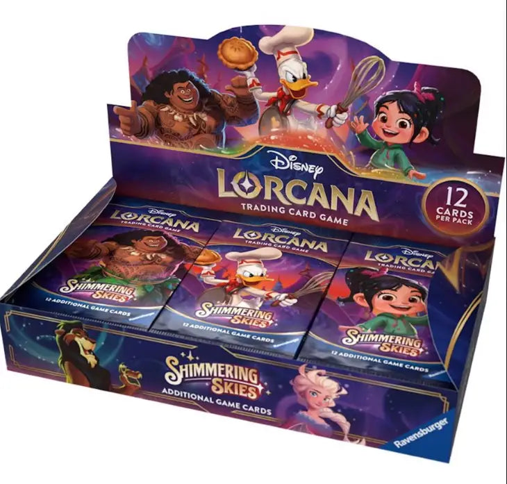 Display box of Disney Lorcana trading cards featuring animated characters and booster packs