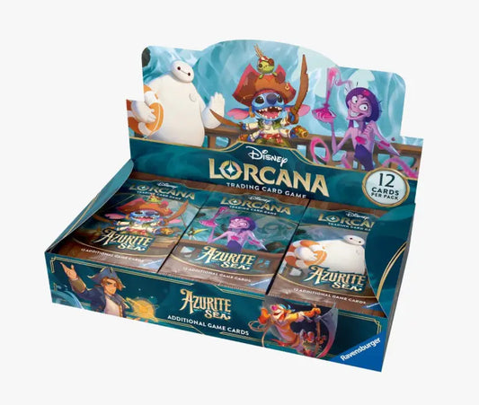 Display box of Disney Lorcana Azurite Sea Booster packs for pre-sale