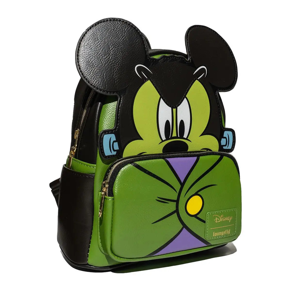 Disney Loungefly Frankenstein Mickey Mouse backpack in green and purple colors