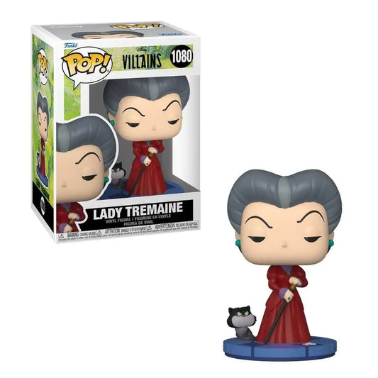 Lady Tremaine Funko in red dress with cat from Disney Villains collection