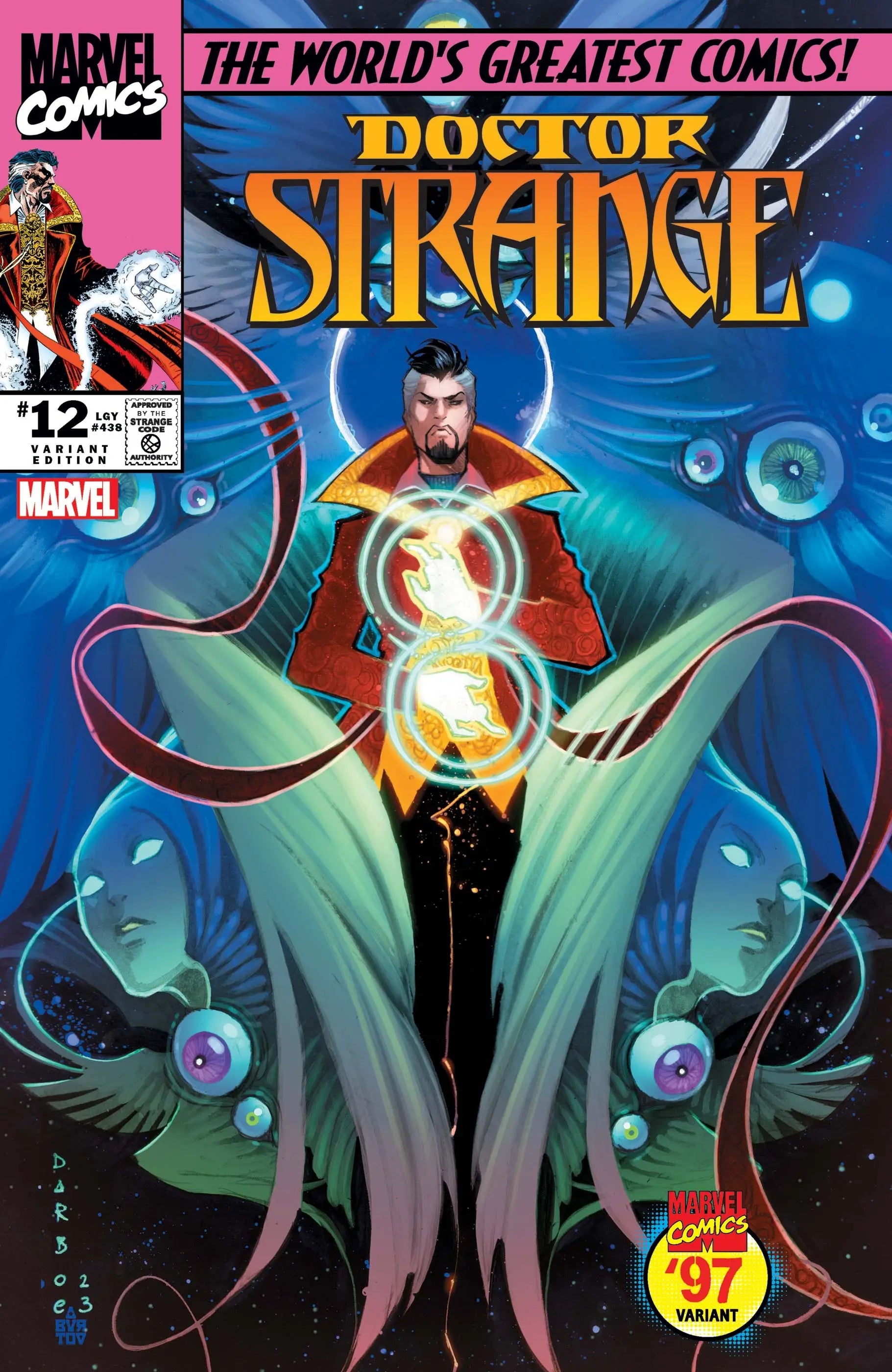 Comic book cover of Doctor Strange manipulating magical symbols in red cape variant