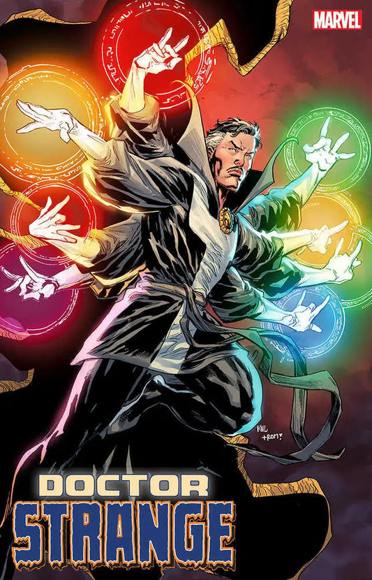 Marvel comic book artwork of Doctor Strange in a black costume performing mystical gestures