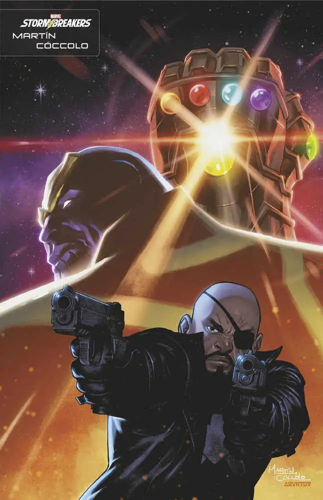 Comic book cover of Doctor Strange #16 with Infinity Gauntlet and weapon-wielding character