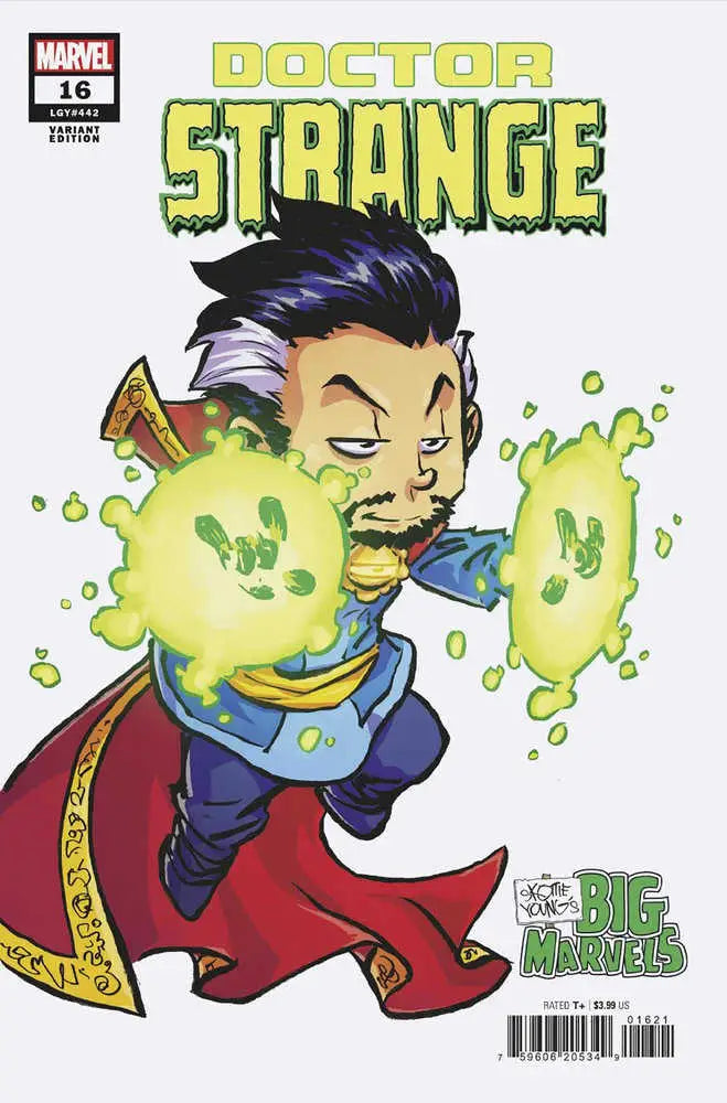 Comic book cover featuring Doctor Strange with green magic effects in Skottie Young design