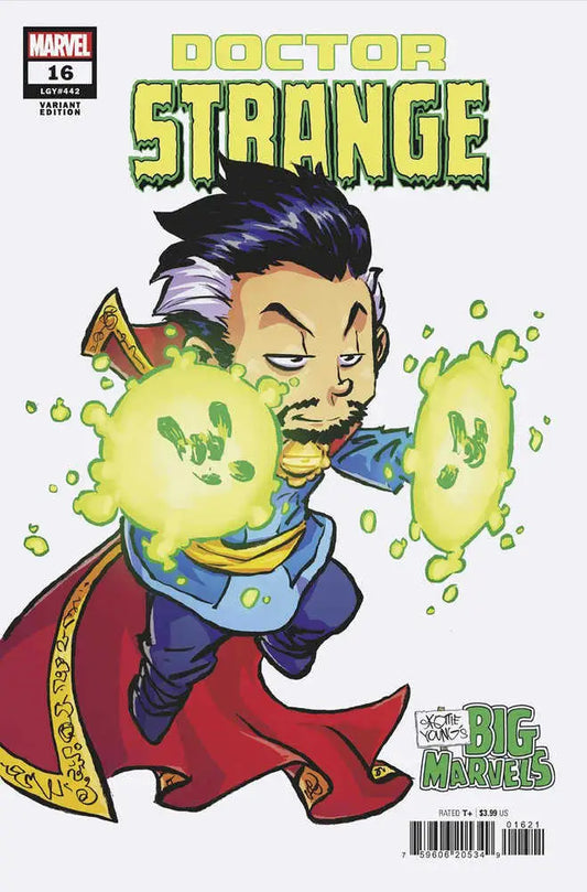 Comic book cover featuring Doctor Strange with green magic effects in Skottie Young design