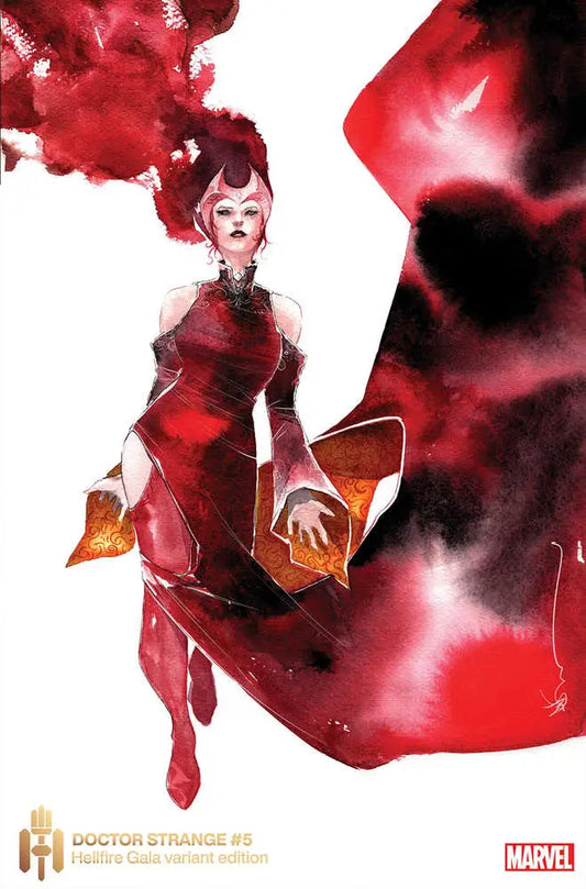 Watercolor illustration of a figure in a red dress on Doctor Strange #5 trading card