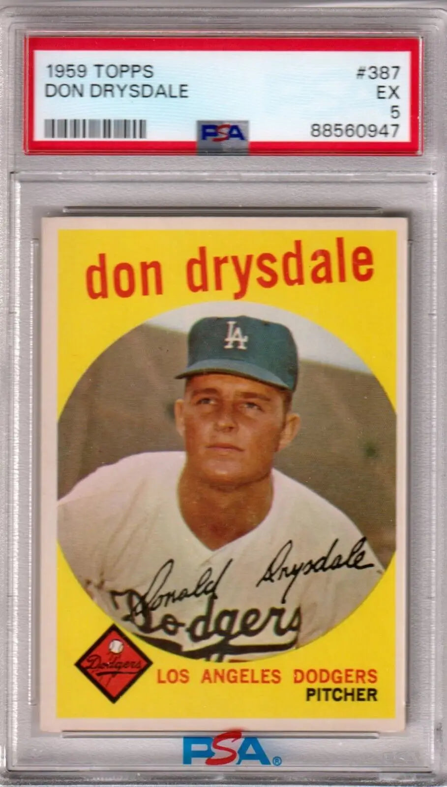 1958 Topps baseball card of Don Drysdale in PSA graded case from Columbia Hobby