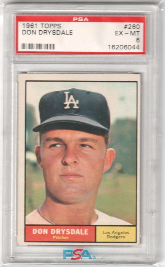 PSA-graded 1961 Topps Don Drysdale baseball card in case, available with free shipping