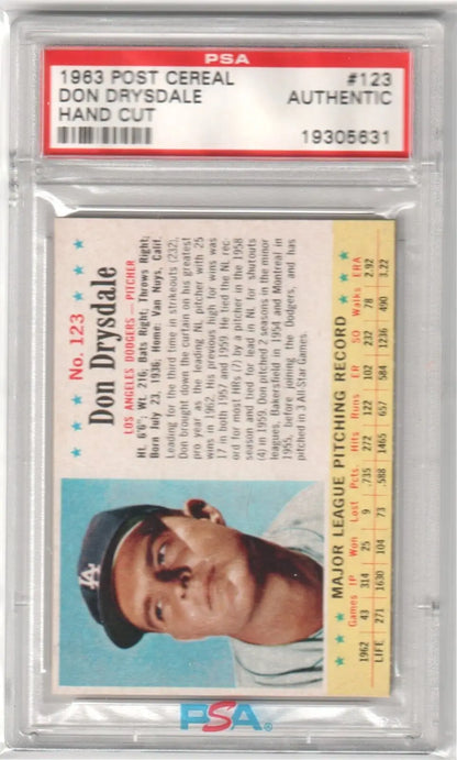 PSA-graded 1963 Post Cereal Don Drysdale card in protective holder from Columbia Hobby