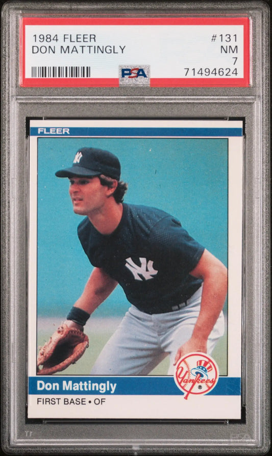 PSA-graded Don Mattingly 1984 Fleer RC Rookie #131 trading card featuring Yankees player