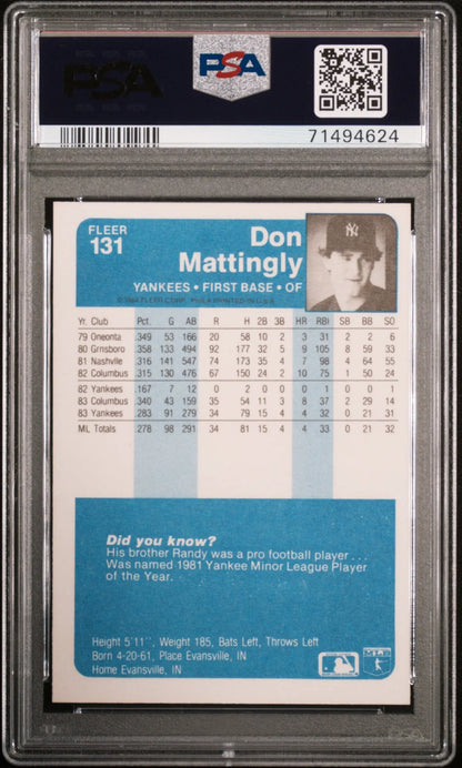 PSA-graded Don Mattingly 1984 Fleer RC Rookie baseball card back with stats at Columbia Hobby