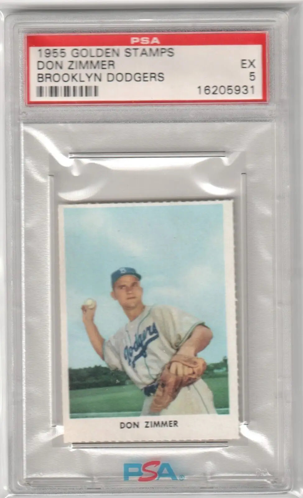 PSA-graded 1955 Golden Stamps Brooklyn Dodgers Don Zimmer Rookie card in holder, Columbia Hobby