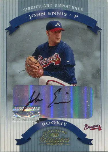 Base rookie autograph card of Braves pitcher John Ennis in blue uniform from Donruss Classics