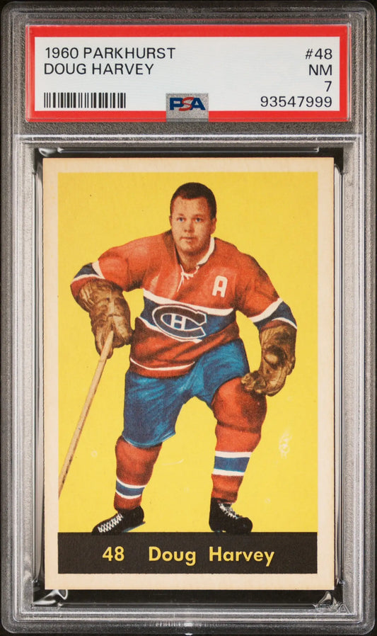 PSA-graded Doug Harvey 1960 Parkhurst Hockey card in classic Canadiens uniform