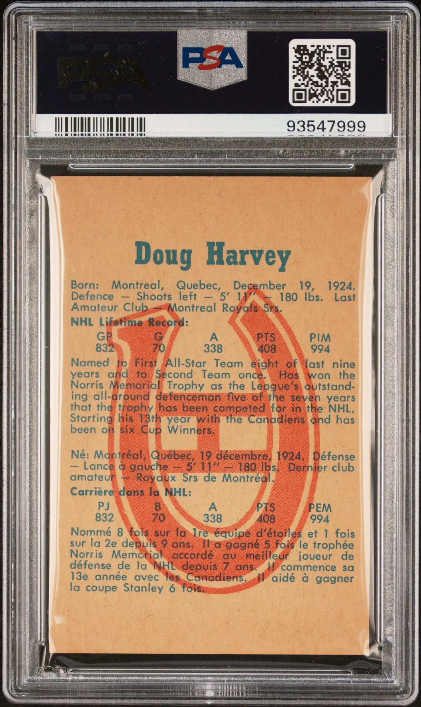 Doug Harvey 1960 Parkhurst Hockey #48 PSA 7 Near Mint trading card with orange background