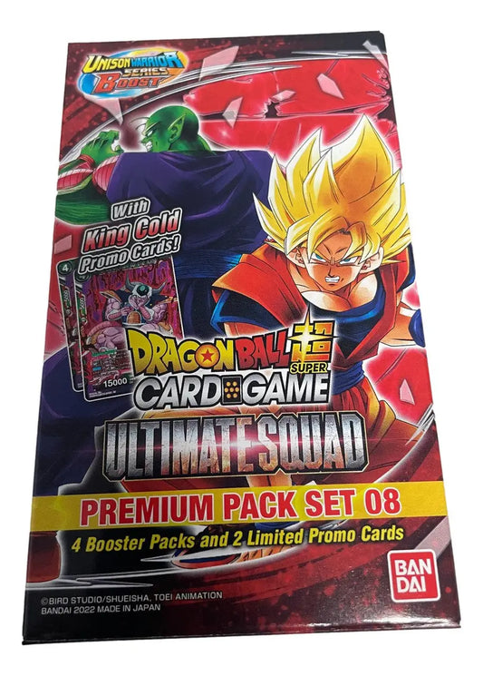 Dragon Ball Ultimate Squad Premium Pack Set 08 with colorful character artwork and promo card