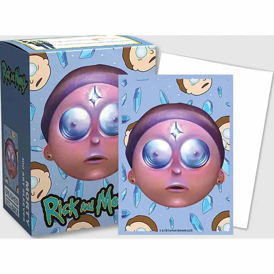 Rick and Morty merchandise box with matching greeting card and art sleeves for trading cards