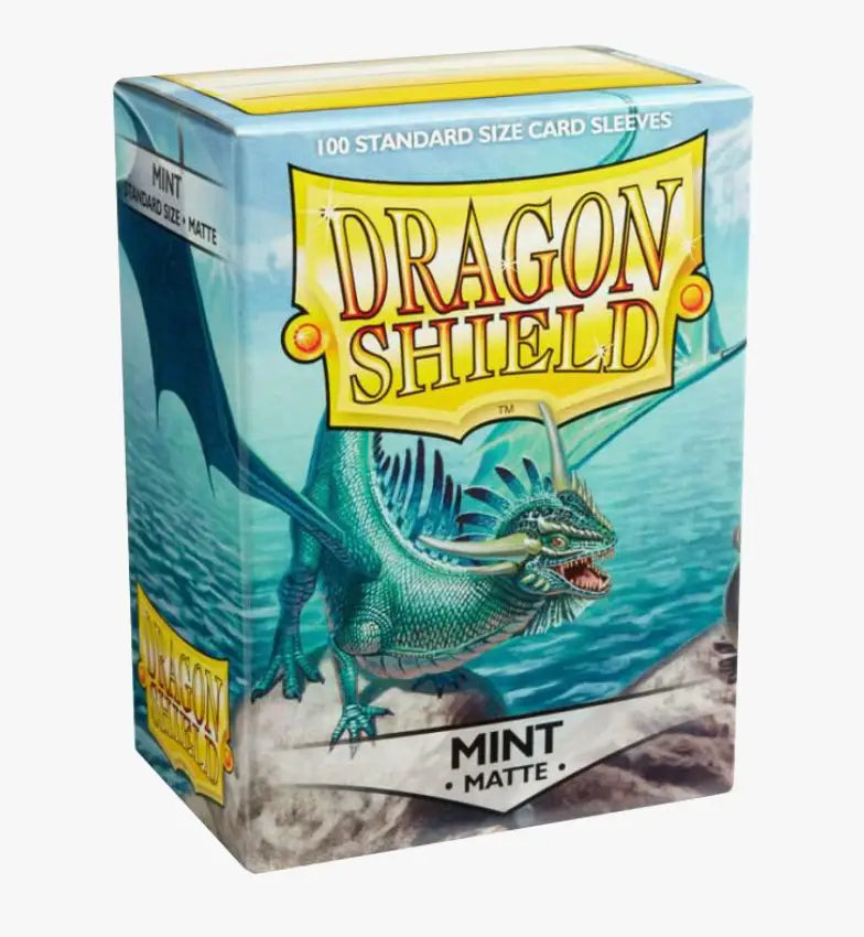 Dragon Shield 100 Standard Card Sleeves box with aqua-colored dragon artwork in mint matte