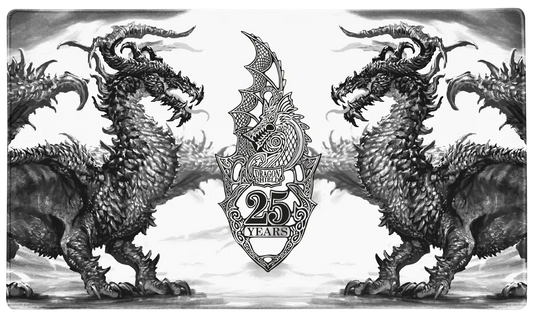 Two fierce dragons face off with a 25 years emblem on Dragon Shield Art Playmat