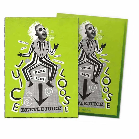 Movie poster design with striped-suit figure on lime green for Beetlejuice brushed art sleeves