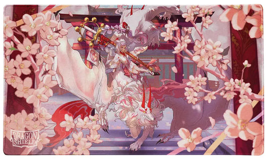 White dragon with cherry blossoms on Demon Hunters Yuki TCG Playmat design