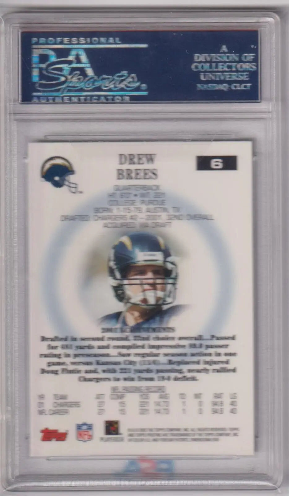 PSA 10 GEM MINT Drew Brees 2002 Topps Pristine football card in protective case from Columbia Hobby