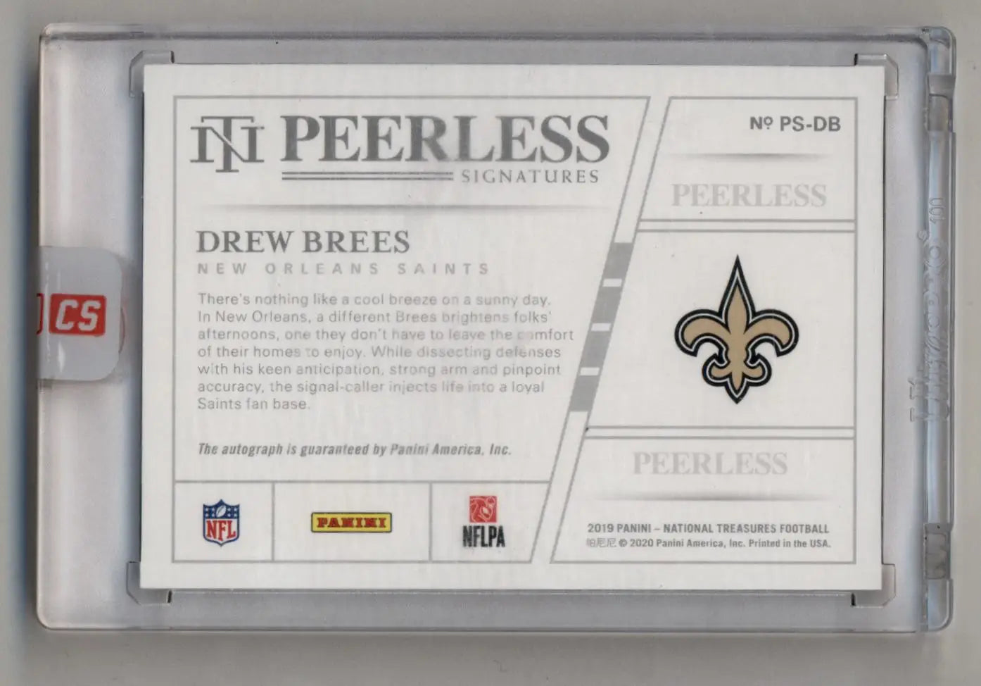 Back side of Drew Brees 2019 National Treasures Peerless Signatures trading card