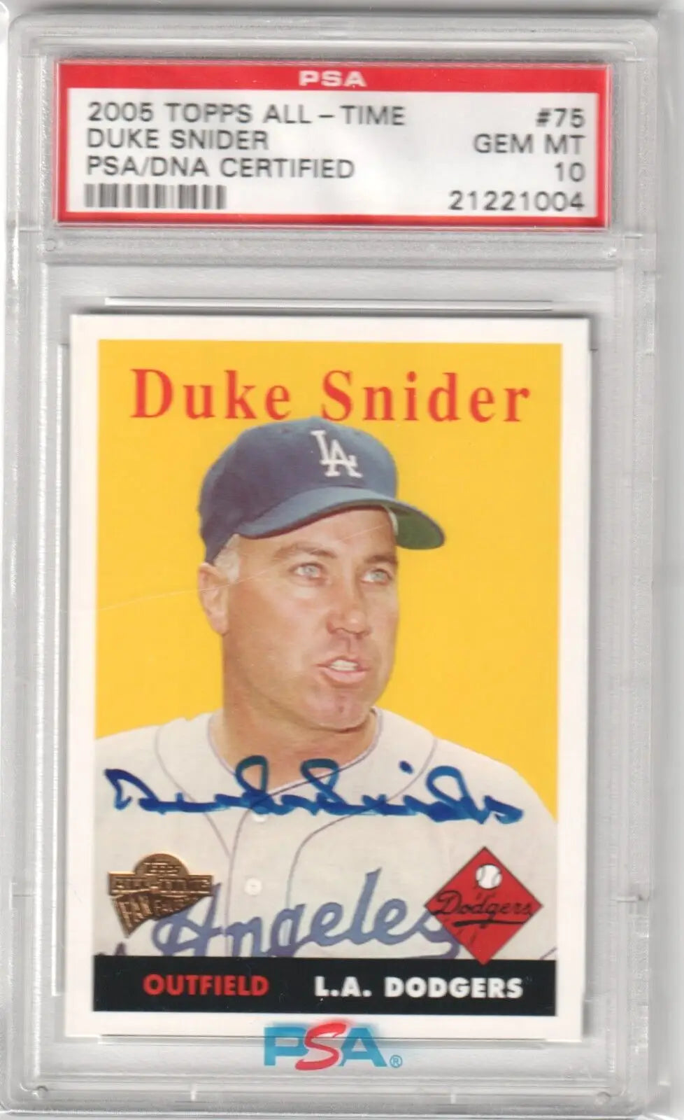 PSA graded Duke Snider Dodgers baseball card on vintage yellow background from Columbia Hobby