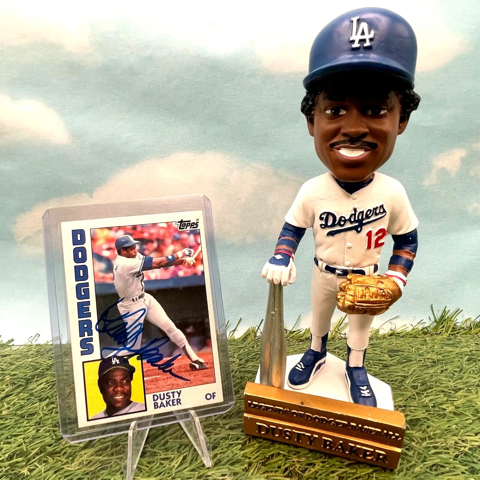 Dusty Baker memorabilia featuring an Autograph Card and Los Angeles Dodgers Bobblehead