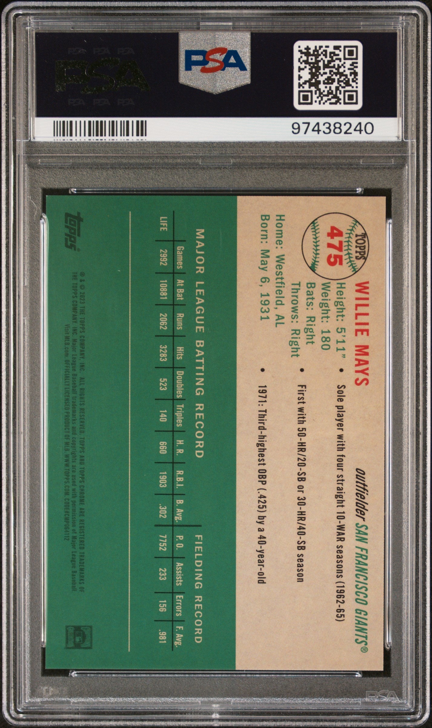 Willie Mays 2023 Topps Chrome Platinum Anniversary Cream/Black Tolie #1/10 PSA 10 Gem Mint