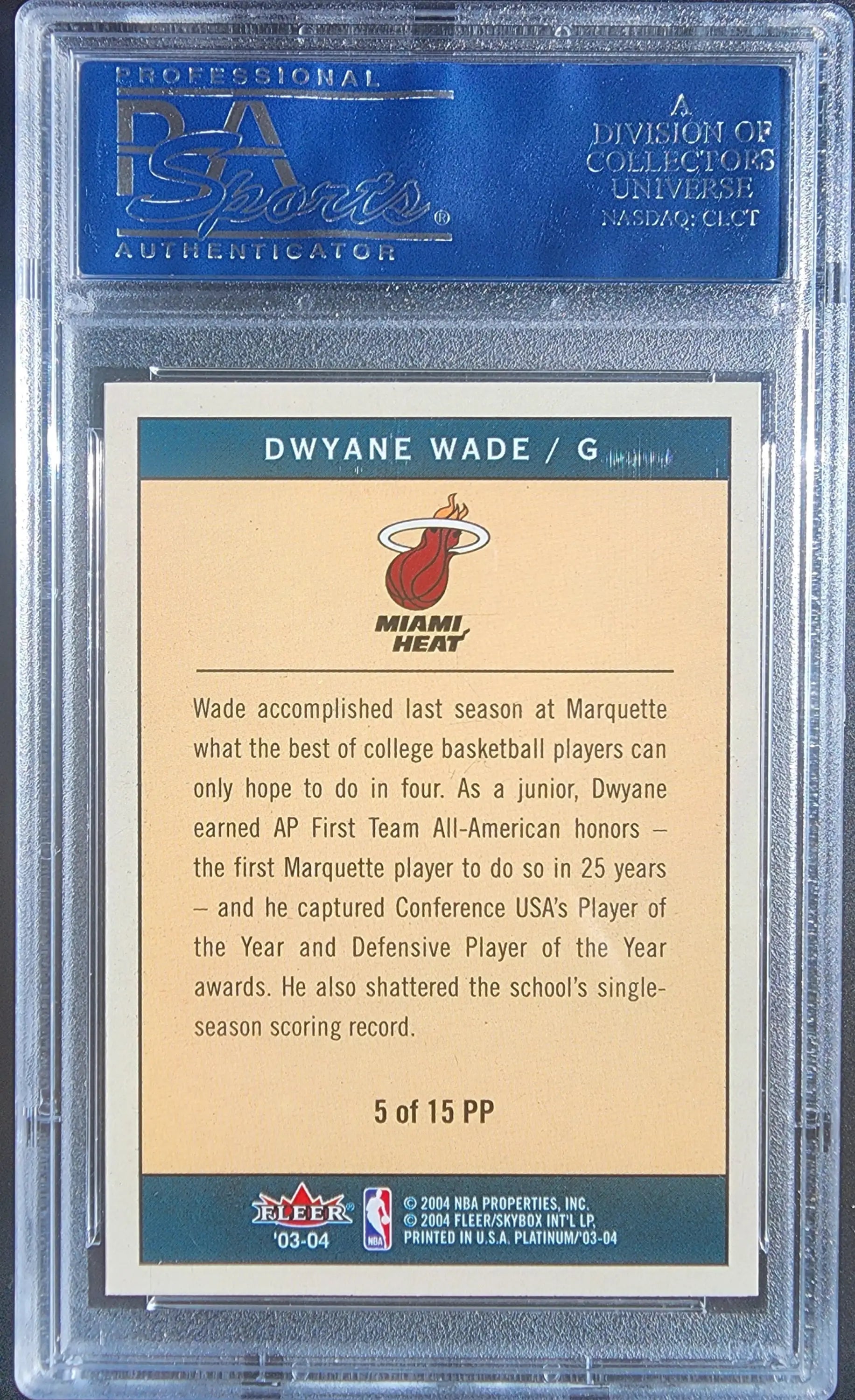 Back of Dwyane Wade Fleer Platinum Portraits Auto PSA card showing statistics and achievements