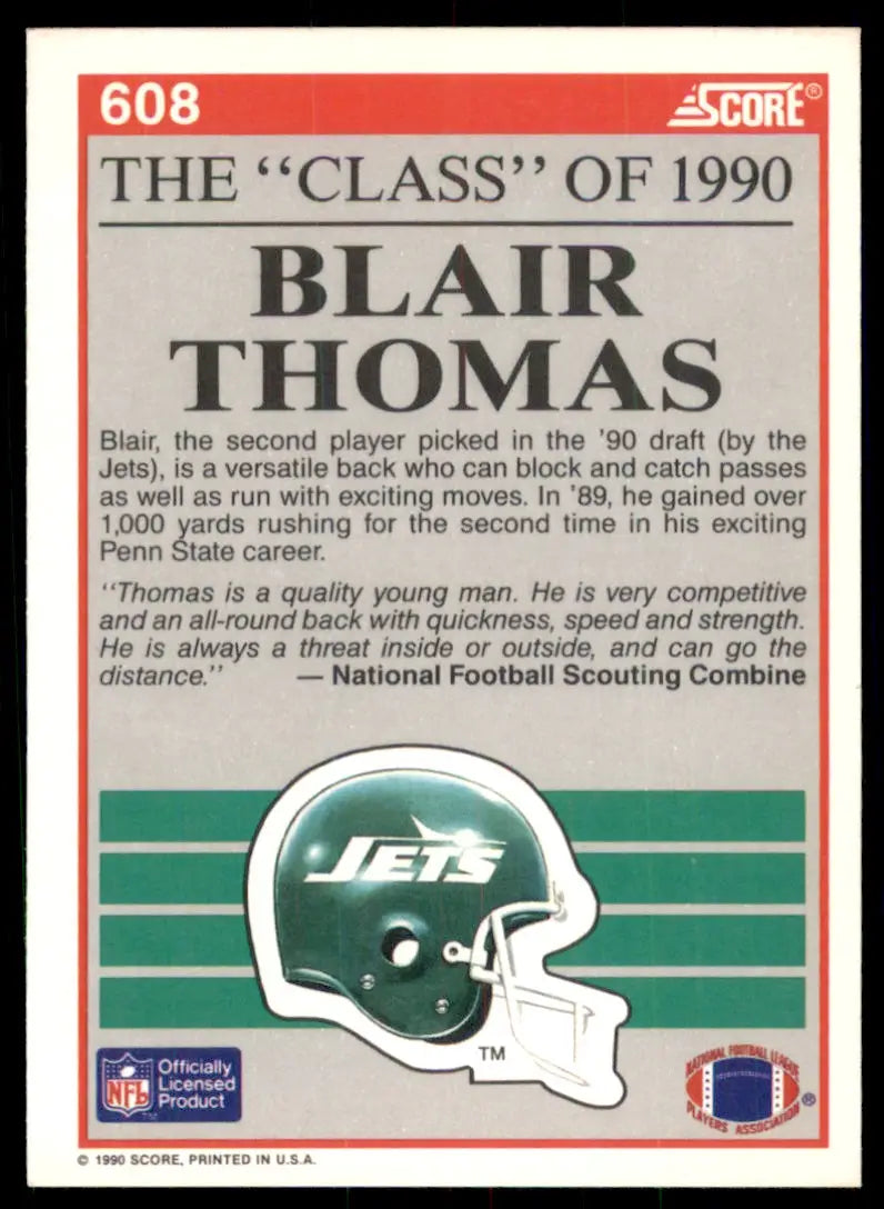 1990 Score Blair Thomas Rookie New York Jets #608