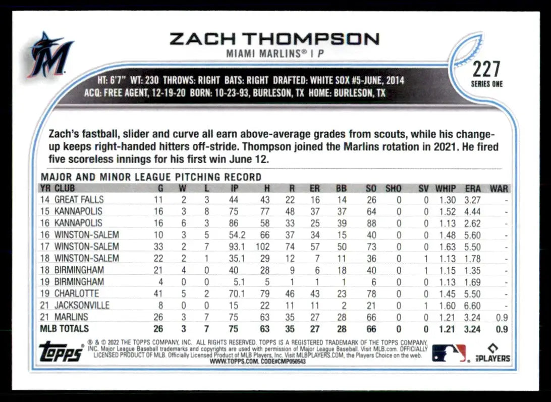 2022 Topps Zach Thompson Rookie Miami Marlins #227